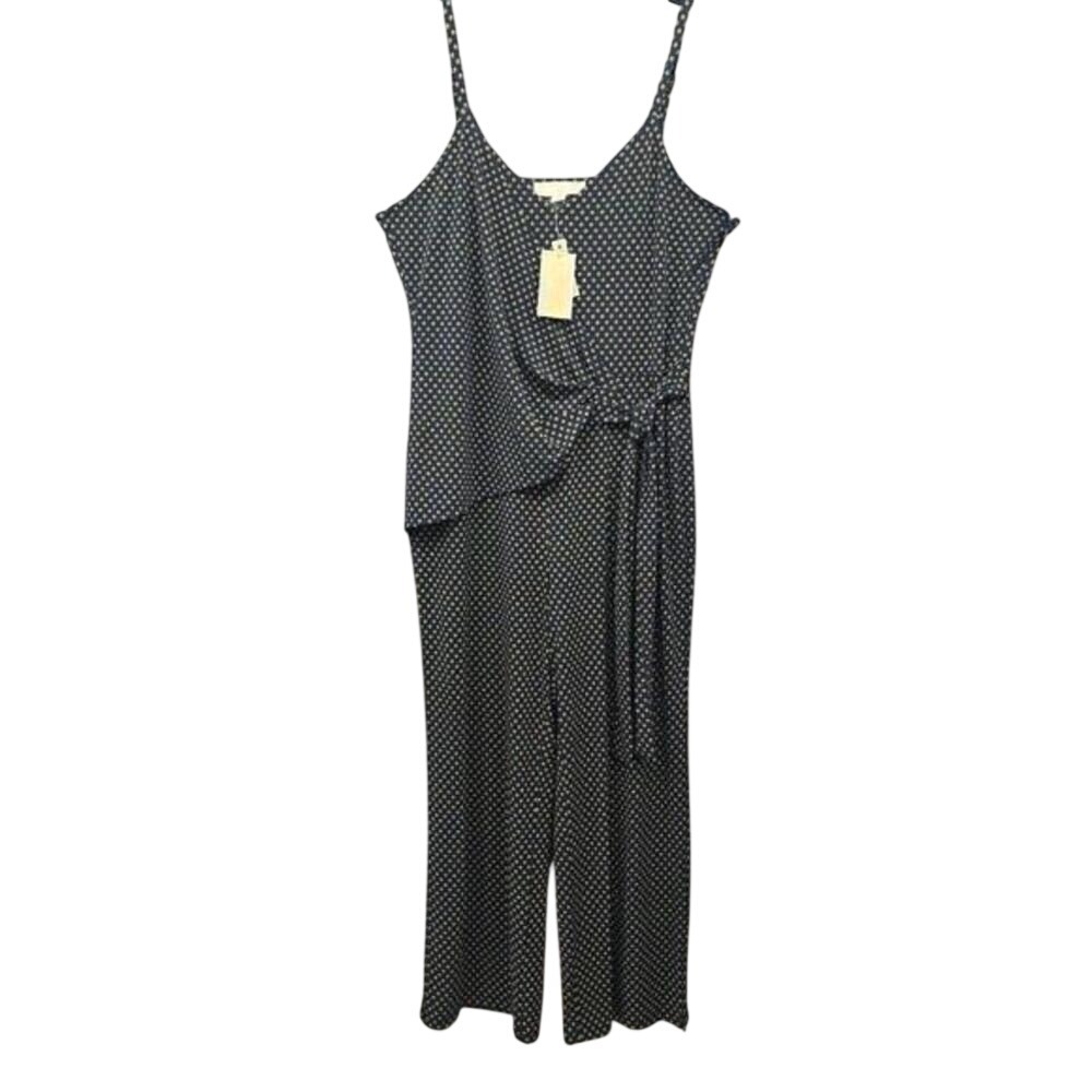 Michael Kors Womens Navy Gold Geometric Wrap Wide Leg Jumpsuit Size M Sleeveless